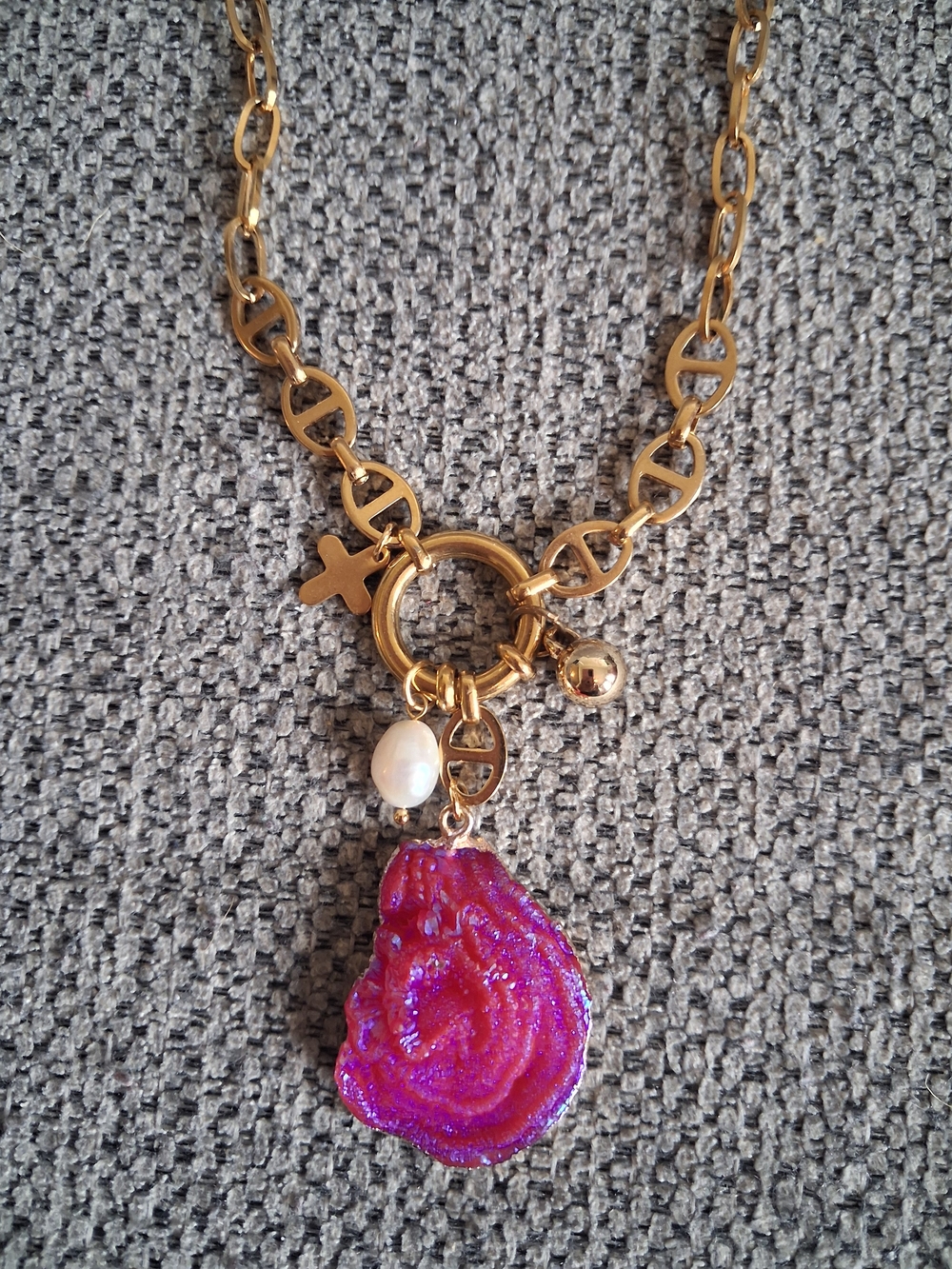 Gold Chain Necklace with Hot Pink Druzy Pendant and Pearl Charm